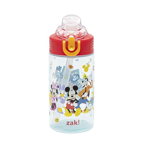 Zak Designs Disney Mickey Mouse Sage Kids Water Bottle For School or Travel 16oz Durable Plastic Water Bottle With Straw Handle and Leak-Proof Pop-Up Spout Cover (Clubhouse Crew)