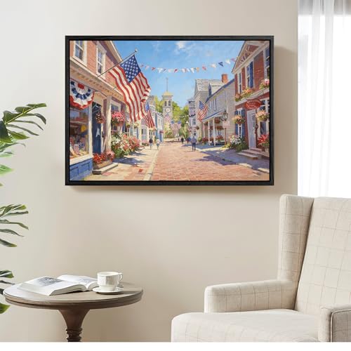 Image of American Flag Framed Canvas Wall Art, 4th of July Red White Blue Canvas Prints, USA Flag with Small Town Street Patriotic Decorations, Independence Day Wall Decor for Bedroom Living Room 12x16