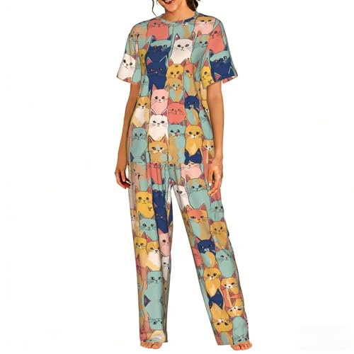 Pyjama doux femme motif chats mignons | Ensemble de nuit respirant et ultra confortable