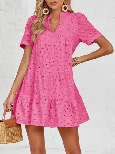 Image of Imily Bela Womens Summer Lace Dresses Eyelet Casual Flowy Babydoll Swing Short Sleeve V Neck Tunic Dress