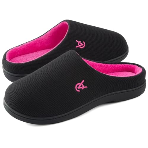 VeraCosy Women's Two-Tone Slippers Soft Comfy Knit Memory Foam Non-slip Indoor House Shoes Fuchsia Black, 5-6 UK
