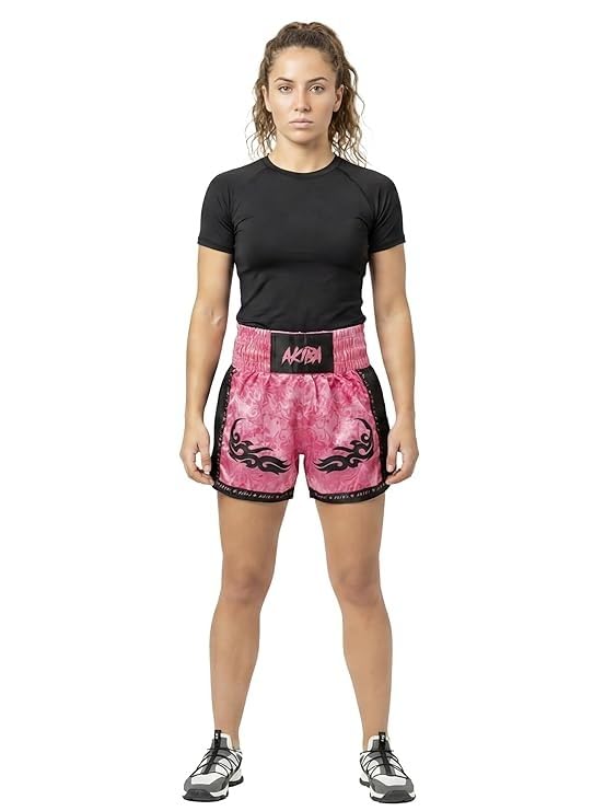 uay Thai Shorts Satin Boxing Fight Training Shorts with Elastic Waistband and Side Slits for Ring Sparring and Gym Sessions Pink Black Tribal Print-image-10