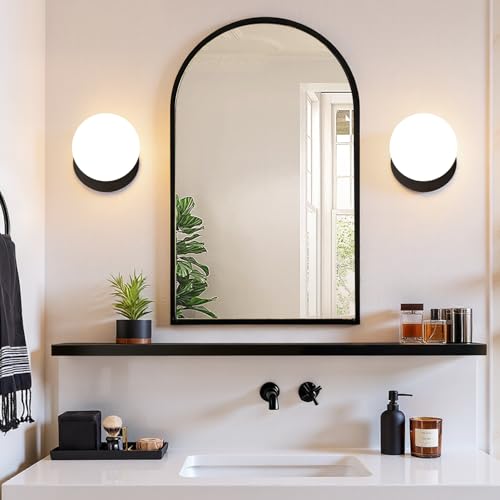 Image of 2 Pack Modern Matte Black Wall Light Fixtures, Mid-Century Globe Glass Wall Sconces Set of Two for Bathroom Mirror, Living Room, Hallway, Entryway (Bulbs Not Included)