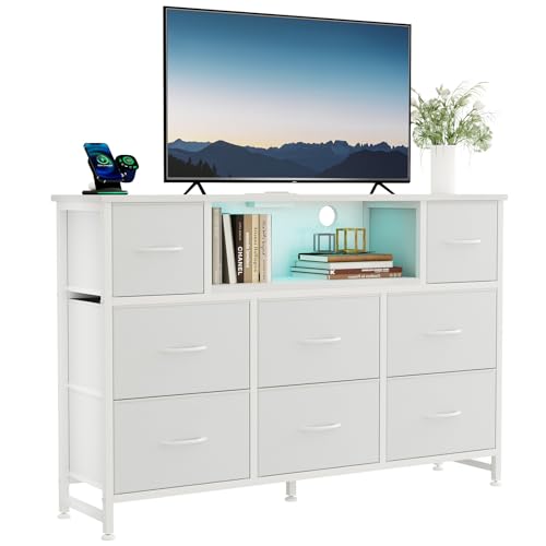 Image of DUMOS TV Stand Dresser with 8 Fabric Drawers and Open Shelves, LED Entertainment Center with Charging Station, Wood Top Media Console for 45-55 inch, Bedroom, White