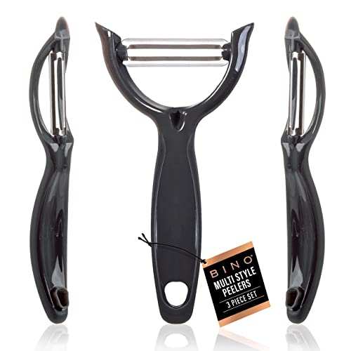 BINO Stainless Steel 3-Piece Peeler Set - Dark Grey | 1-Piece Y-Shaped + 2-Piece Swivel | Multifunctional Kitchen Grip Peelers | Fruits & Vegetables Peelers | Hand Peelers | Kitchen & Cooking Prep
