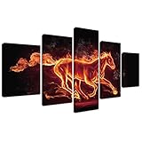 Horse Wall Art Canvas Painting - Fire Flaming Animal Giclee Print Pictures Framed Kitchen Home Office Decoration Living Room Poster Minimalist Farmhouse Wall Decor 5 Panel Abstract Black Artwork