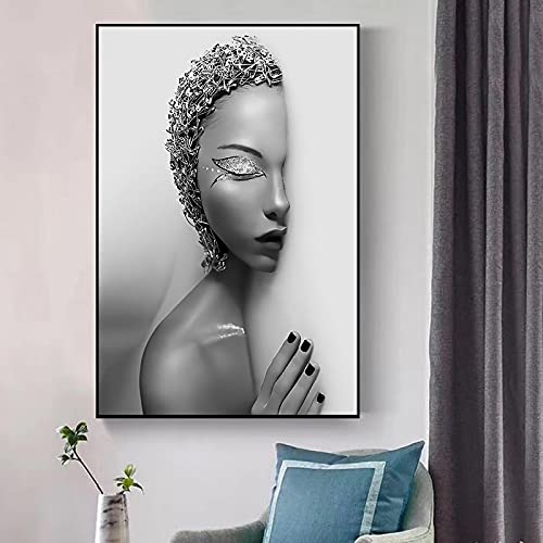 Toile de portrait fille noir et blanc déco salon moderne 40x60 cm
