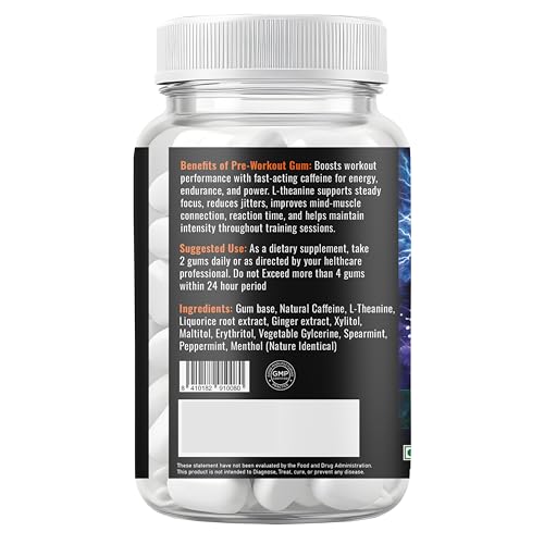Image of Pre Workout Caffeine and L-Theanine Gum (25 Gums, Mint Flavour) | Pre-workout Supplement Supports to Improve Focus, Strength, Energy and Pump | Natural Caffeine and L-Theanine