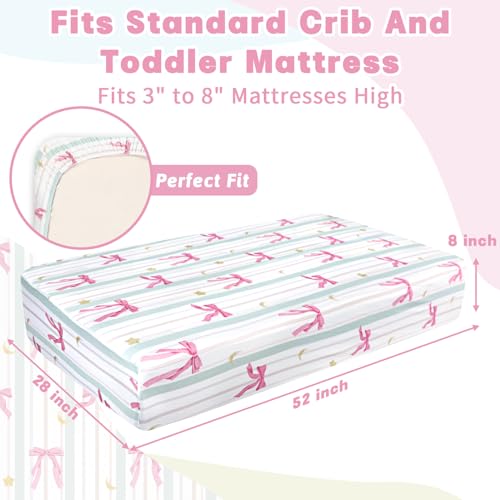 Image of Crib Sheet for Baby Girls Boys, Fitted Crib Sheet Neutral for Standard Crib and Toddler Mattress, Soft and Comfortable Microfiber Baby Mattress Sheet 52 inch X 28 inch Line Bow