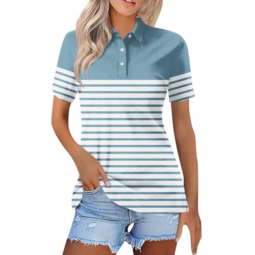 Image of Polo Shirts for Women UK Short Sleeve Ladies Cotton Work Collared T Shirts Blouses Golf Tennis Tops Clothes Rugby Bowling Shirt Floral Printed Tee Striped Shirt Tunic Tops Button Up Office Top