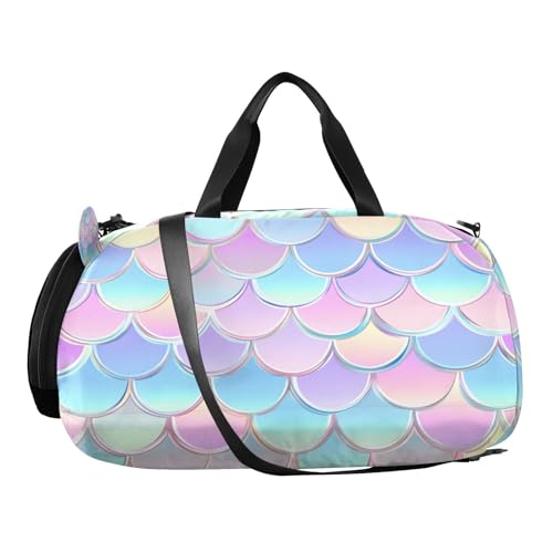 Gym Travel Duffle Bag for Boys Girls Mermaid Scales Pattern Sports Dance Bag with Shoe Compartment & Wet Pocket Football Kids Travel Bag Teens Sleepover Carry2