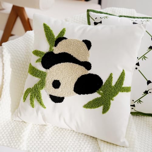 Housse de coussin en velours avec broderie relief panda et bambou chic