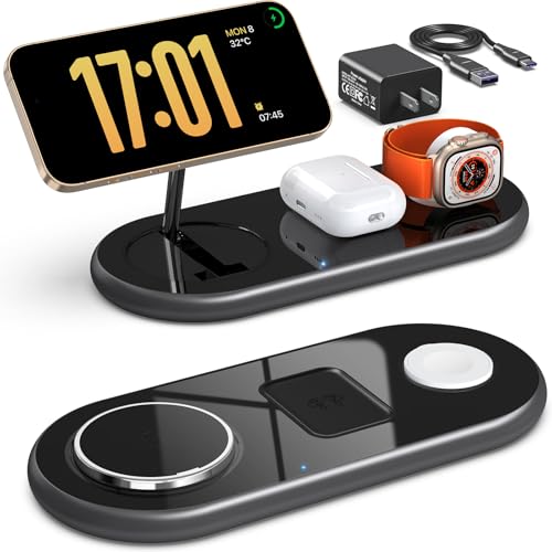 Image of 3 in 1 Charging Station for Apple Devices, Mag-Safe Charger Stand, Magnetic Wireless Charger Station for iPhone 17 16 15 14 13 12 Series, for iWatch Ultra 10 9 8 7 SE 6 5 4 3, for AirPods (Black)