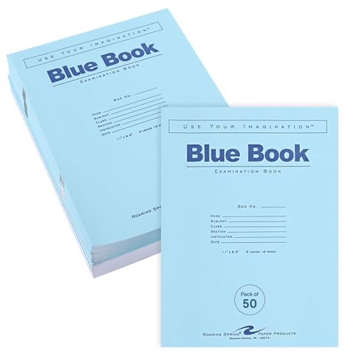 ROARING SPRING Exam Blue Books, 50 School Examination Booklets, 11" x 8.5", 8 Sheets/16 Pages, Wide-Ruled with Margin Student Testbook, Made in USA