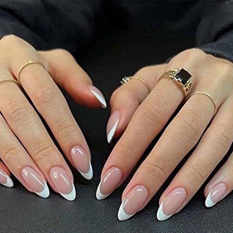 Press On Nails 24pcs Acrylic Medium Almond French Full Cover False Nails Women Girls Daily Decoration Nail Extension Easy DIY White Tip