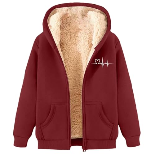 Generisch 2026 Mujer Invierno C Terciopelo Engrosado Cálido Color Sólido Chaqueta Sorbete con Capucha Sudadera Cremallera Chaqueta, Vino, XXL