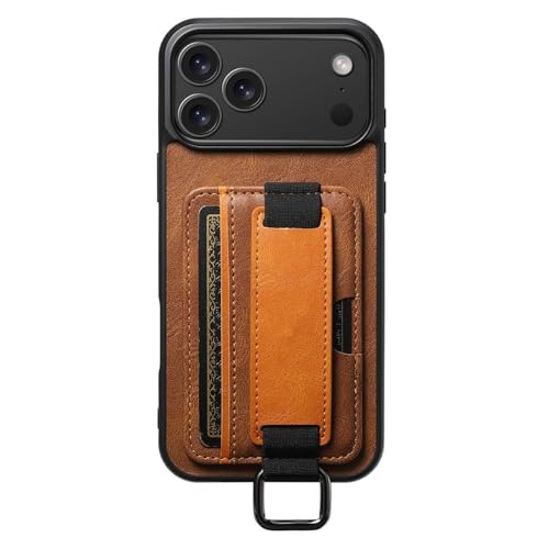 Étui fin en cuir iPhone 17 Pro Max marron rétro avec fente cartes et béquille