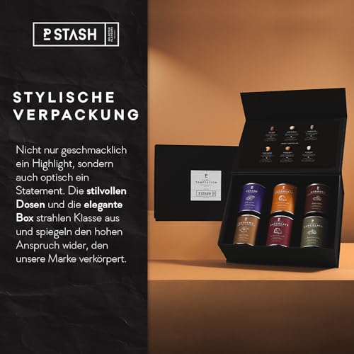 P-Stash Black Box Nussmischung Sweet Temptation - 6er Box Nüsse Mix - Pekannüsse, Haselnüsse, Mandeln & Cashews - Mixed Nuts mit einzigartigen Gewürzkombinationen, handgeröstet in Berlin