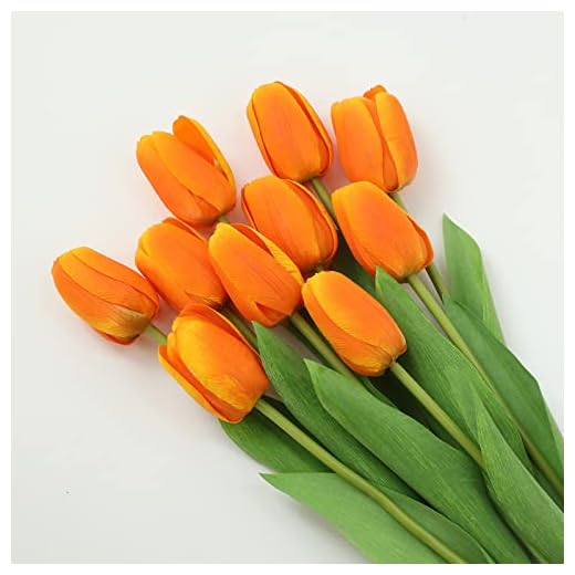 dallisten 10Pcs Orange Artificial Tulips Silk Flowers, Long Stem and Green Leaves, Fake Flowers Decoration for Vase, Wedding, Party, Kitchen, Office, Home, Bedroom, Table Centerpiece Decor
