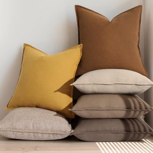 Image of decorUhome Fall Decorative Linen Throw Pillow Covers 16x16 Inch Set of 2 Brick Neutral Pillow Covers with Flange Edges Soft Farmhouse Boho Accent Pillow Cases for Couch Bed Living Room