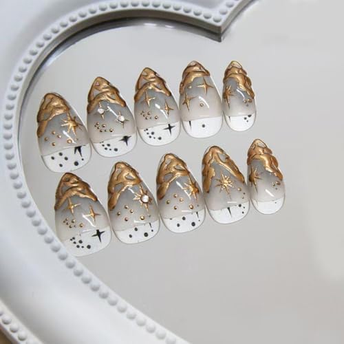 Image of Gold Press on Nails Short Almond Fake Nails French Tip False Nail With 3D Gold Irregularity Chrome Design Nude Glue on Nails Glossy Acrylic Full Cover Star Moon Stick on Nail for Women 24Pcs