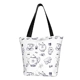 JUTENI Handgezeichnete Teekannen und Tassen Damen Schultertaschen Handtaschen Druck Weiches Polyester Party Reise Einkaufstasche, Schwarz , Einheitsgröße