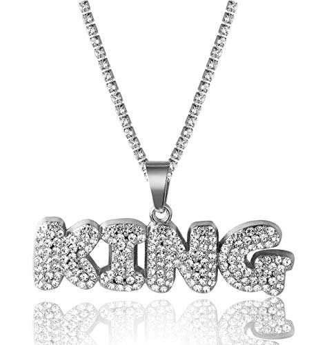 Halukakah Goldkette für Männer Iced Out,Platin Weißgold Volle Cz Blasenbuchstabe King Anhänger Halskette Labordiamanten Zinken-Set mit Baby-Tennis-Kette 50cm Kostenlose Geschenkbox