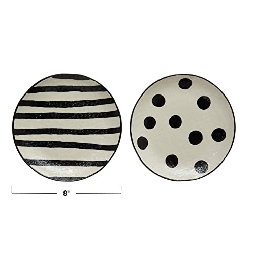 Creative Co-Op Round Hand-Painted Stoneware Plate With Linen Texture, Black & White, 2 Styles Dinnerware, Multi #TOP6