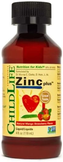 ChildLife Essentials Liquid Zinc Plus - All-Natural Support for Optimal Immune System Function in Children, Allergen-Free, Non-GMO, Zinc Drops for Kids - Mango Strawberry Flavor, 4 Fl Oz