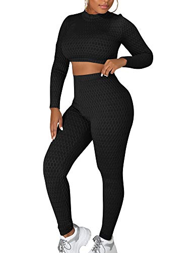 Cailami Women's 2 Piece Tracksuit Workout Outfits Long Sleeve Crop Top High Waist Yoga Legging Pants Set, L, Black
