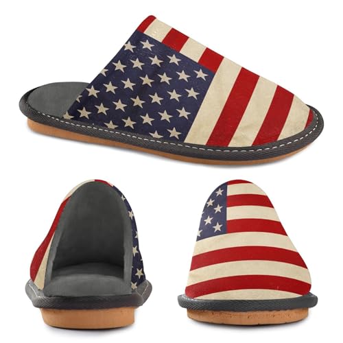 ALAZA Old American Flag Fuzzy Slippers for Women Men Warm Soft Lightweight Memory Foam House Slippers 8-8.54