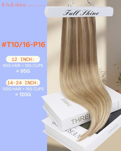 Image of Full Shine Balayage Clip in Hair Extensions Real Human Hair | Blonde Human Hair Extensions Clip ins, Clip in Extensions, Color 10 Fading to 16 And 16 Blonde, 7 Pcs 22 Inch 120g