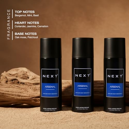 Image of Next Care Arsenal Perfumed Body Spray for Men & Women | Long Lasting Deodorant Spray | Smokey Vanilla & Oudh Fragrance | Daily Freshness Deo | 150ml Each (Pack of 3)