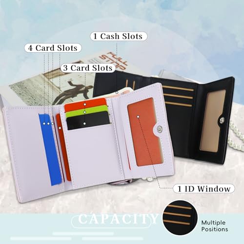 Small Womens Wallet, Pearl Pendant Slim Wallet Trendy Velvet Trifold Wallets 7 Slots Credit Card Holder with Snap ID Window Cash Pocket (Black)3