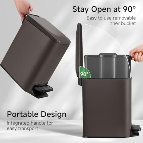 Image of TIPGO Small Bathroom Trash Can with Lid, 1.6 Gal, Soft Close, Brown | Foot Pedal, Soft Quiet Lid, 5.9'' Slim for Narrow Space, Stainless Steel, Anti-fingerprint, Removable Inner Bucket, Odor Seal