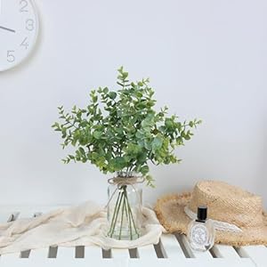 Zheart Fake Eucalyptus Stems in Glass Vase with Faux Water14 Artificial Plants Eucalyptus Leaves for Shelf Desk Bathroom Farmhouse Room Coffee Table Home Decor Sage Green