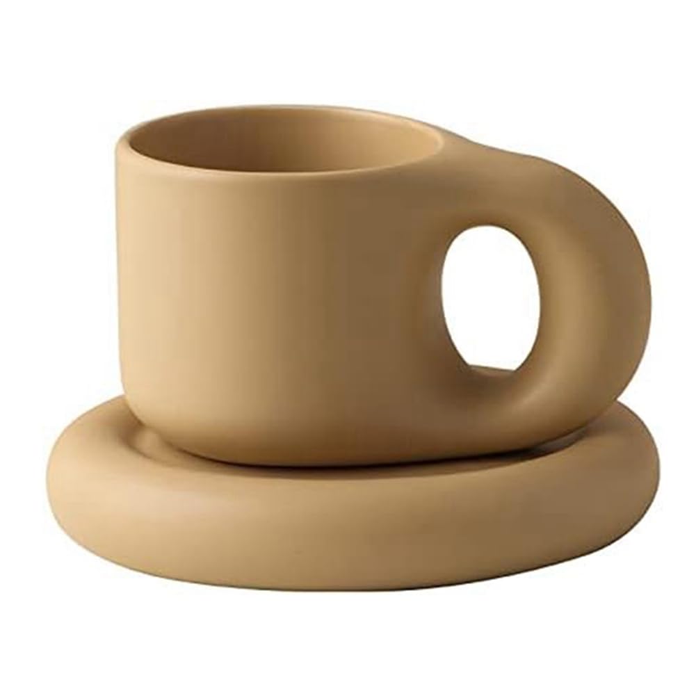 Xptieeck Ceramic Mug Chubby Coffee Mug +Saucer Novelty Cute Fat Handle Cup Set for Home Decor Office