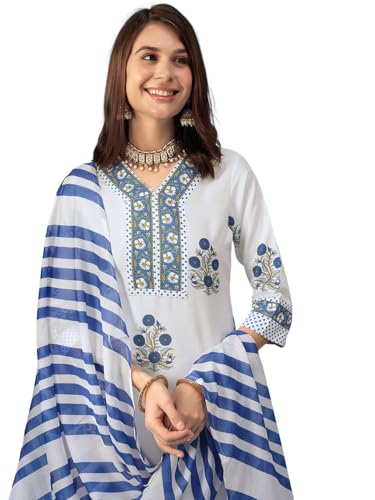 Image of Tee Projekt Women's Cotton Blend Floral Printed Straight Kurta Pant with Dupatta Set ll V Neck Kurta Set