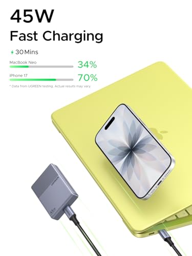 Image of UGREEN Nexode Air 45W USB C Charger Block, Flat USBC Wall Charger, Ultra Slim and Foldable Plug Power Adapter for iPhone 17 16, Galaxy S26 /S25, iPad, MacBook Air /Neo /Pro, Grey