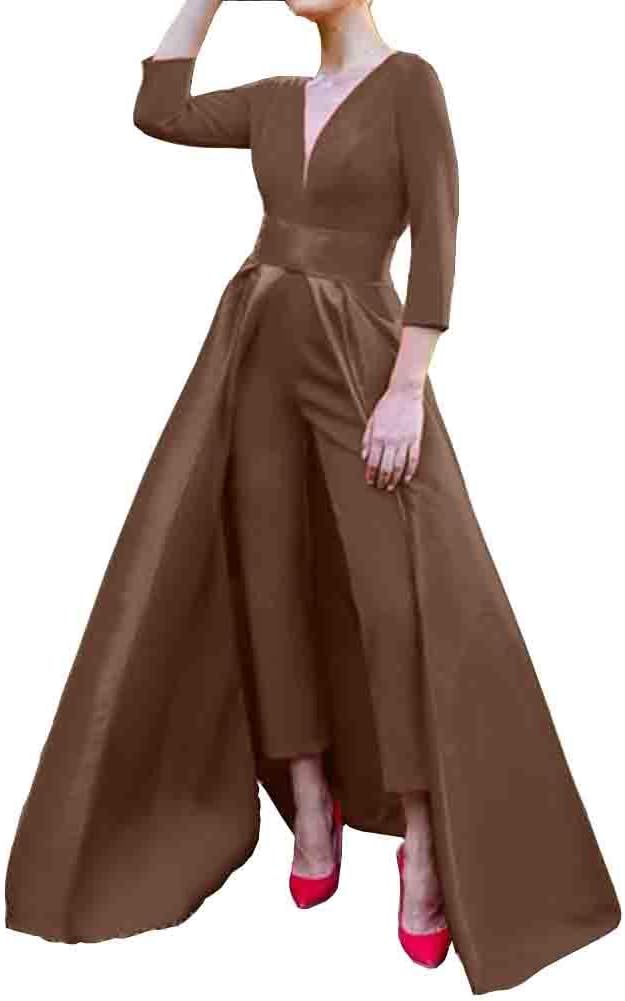 Honeydress Women's A Line Satin Jumpsuits Evening Dresses The Waist Cape is Removable Long Sleeve Prom Gowns Pants Brown