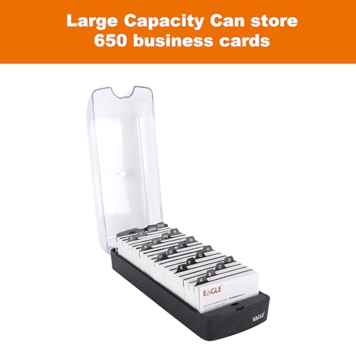 Eagle Visitenkartenbox für 650 Visitenkarten mit A-Z Register Visitenkartenhalter Organizer Box Schreibtisch, transparent Schwarz