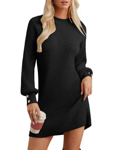 GRACE KARIN Strickkleid Damen Langarm Herbstkleid Winterkleider Laternärmel Pulloverkleid Minikleid Schwarz M