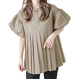 [MEME XTRA] メメエクストラ ブラウス レディース 半袖 夏 パフスリーブ プリーツ シャツ 夏服 かわいい 切り替え カットソー トップス 大きいサイズ ゆったり 丸襟 おしゃれ 無地 キレイめ オフィス 透け感 カジュアル 通勤 体型カバー キャメル L