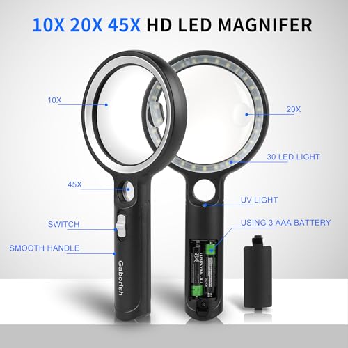 Magnifying Glass with 30 LED Lights, 10X 20X 45X Handheld Illuminated Lighted Magnifier with 1UV Light for Seniors Reading, Inspection, Coins, Jewelry, Exploring Light Magnifying Glass (Orange) - Thumbnail 5