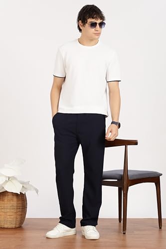 Image of Men's Regular Fit Textured Trousers with Elastic Waistband & Drawstring Closure - Casual & Smart Everyday Pants