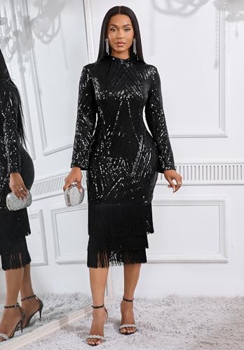 Image of Cololura Sexy Elegant Women Sequin Long Sleeve Tassel Bodycon Midi Dress Party Evening Gown Formal Dress