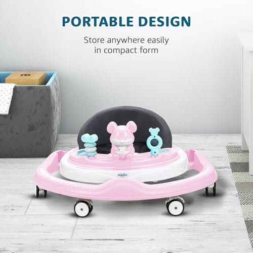 Image of Amazon Brand - Supples Baby Walker (Musical) | Kids Walker with Toys | Baby Walkers for Boys & Girls 9+ Months | Adjustable Height Walker with RGB Lights | Birthday Gift for 1 Year Old | Pink & White