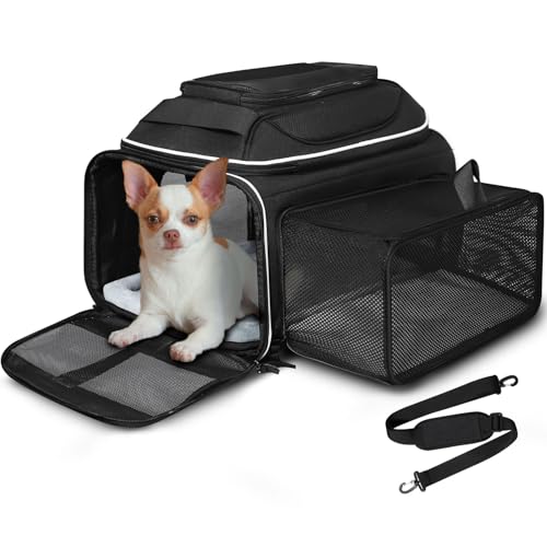 Petskd Top and Side Expandable Pet Carrier 18x13x9.5 Inches Southwest Allegiant Airline Approved, Soft-Sided Carrier for Small Cats and Dogs with Locking Safety Zippers and Anti-Scratch Mesh(Black)