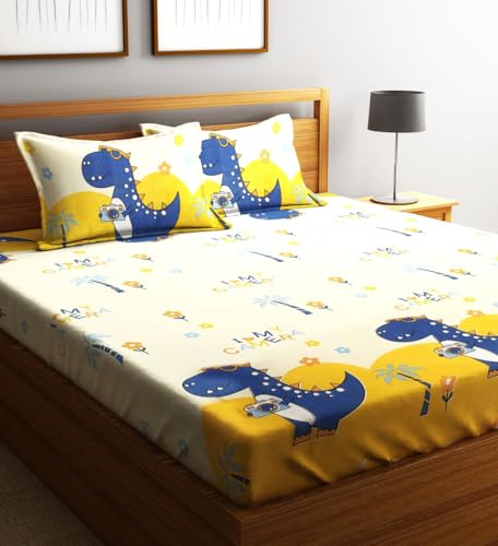 Image of Home Sizzler 210TC Microfibre Playful Dinosaur Double Bedsheet with 2 King Size Pillow Covers