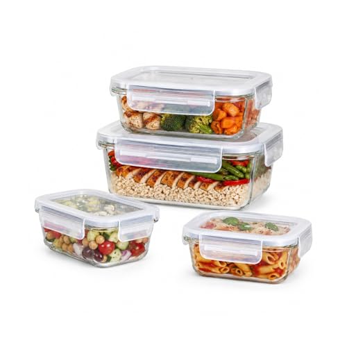 Image of Essentia Glass Lunch Box Borosilicate Container with Leakproof 4-Way Lock Lid, Removable Silicone Gasket, Microwave & Freeze Safe, Dishwasher Safe (2x370ml + 1x640ml + 1x1050ml)